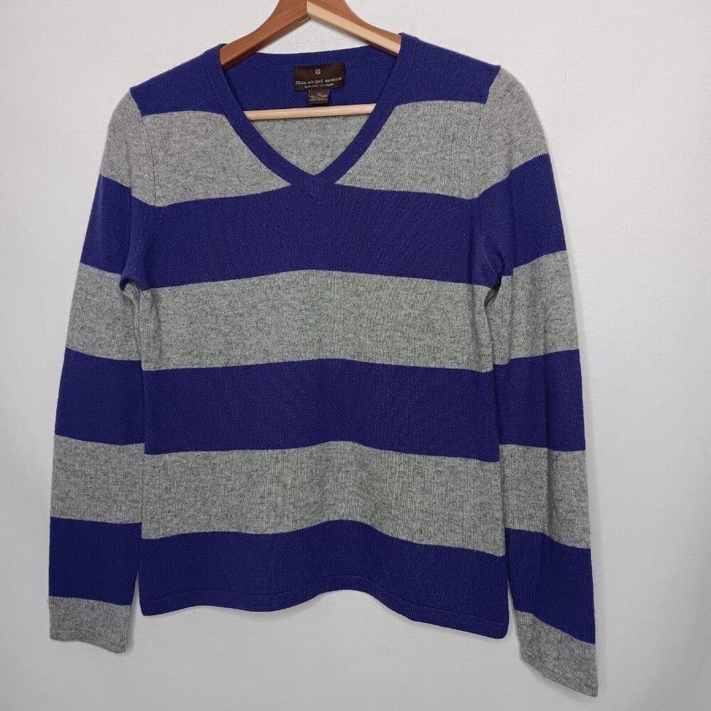 Fenn Wright Manson Women Medium Sweater Cashmere V Neck Purple Gray Striped Knit